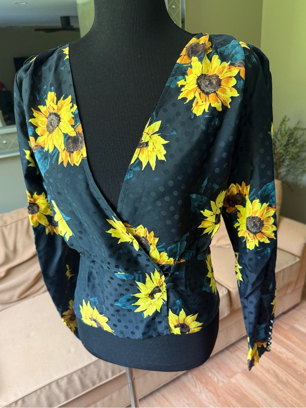 The Kooples Sunflower Print Wrap Blouse - Yellow on Black NWT